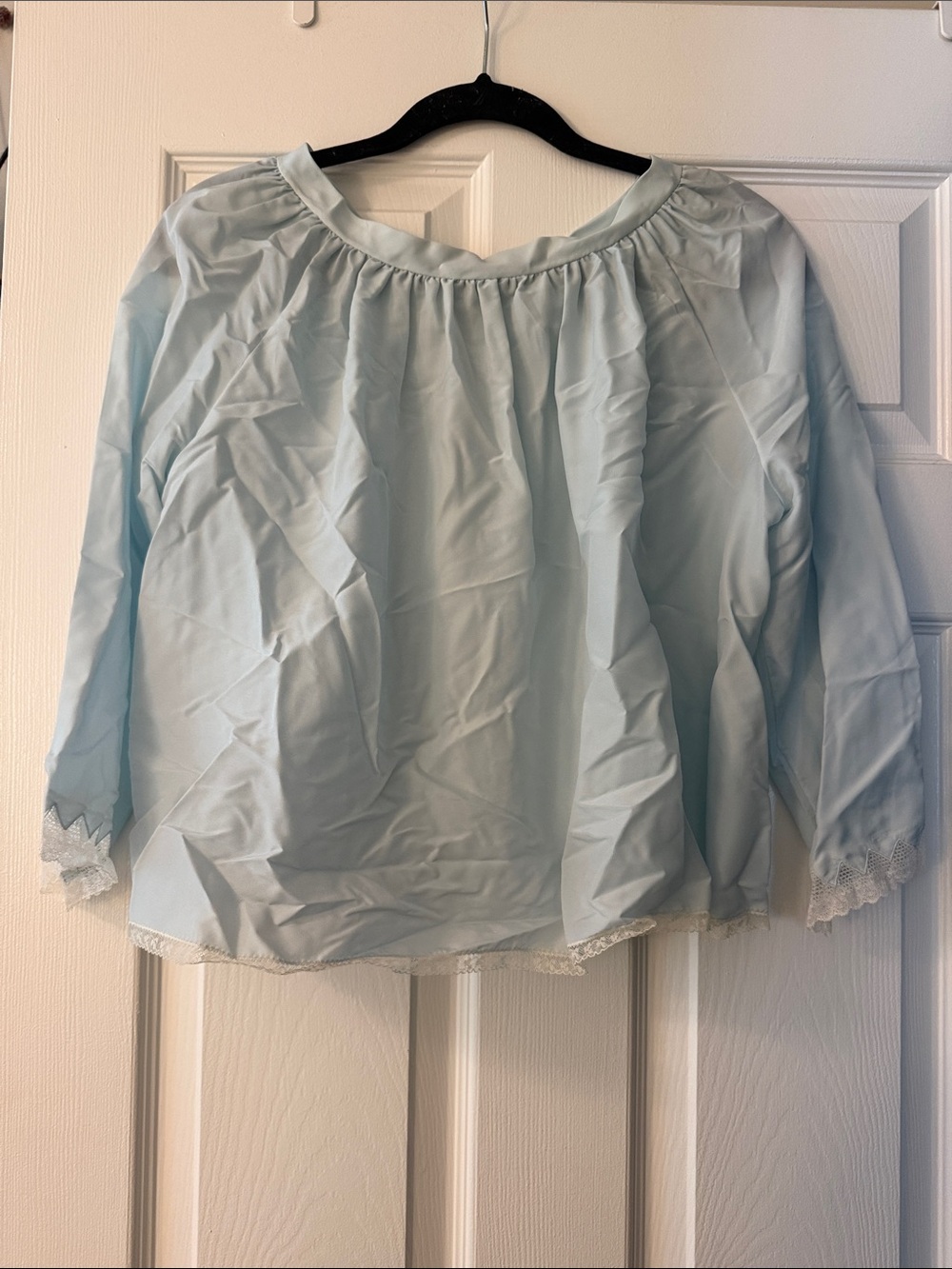 Light Blue Off-Shoulder Lace-Hem Women's Blouse